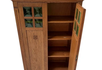 Arts & Crafts Art Nouveau Bookcase with Original Green Glass, 1900s